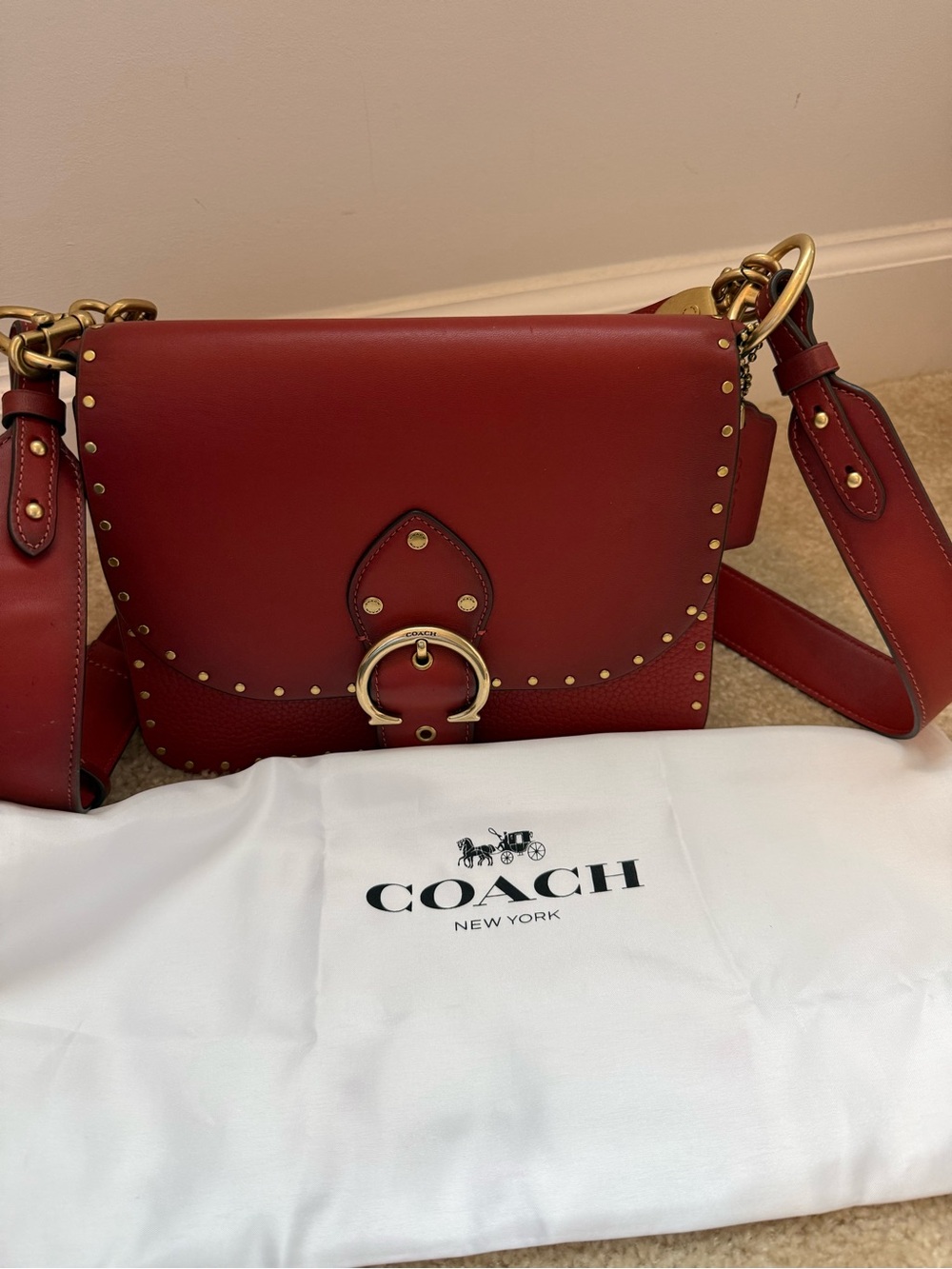 Coach Red Leather Shoulder Bag with Rivets